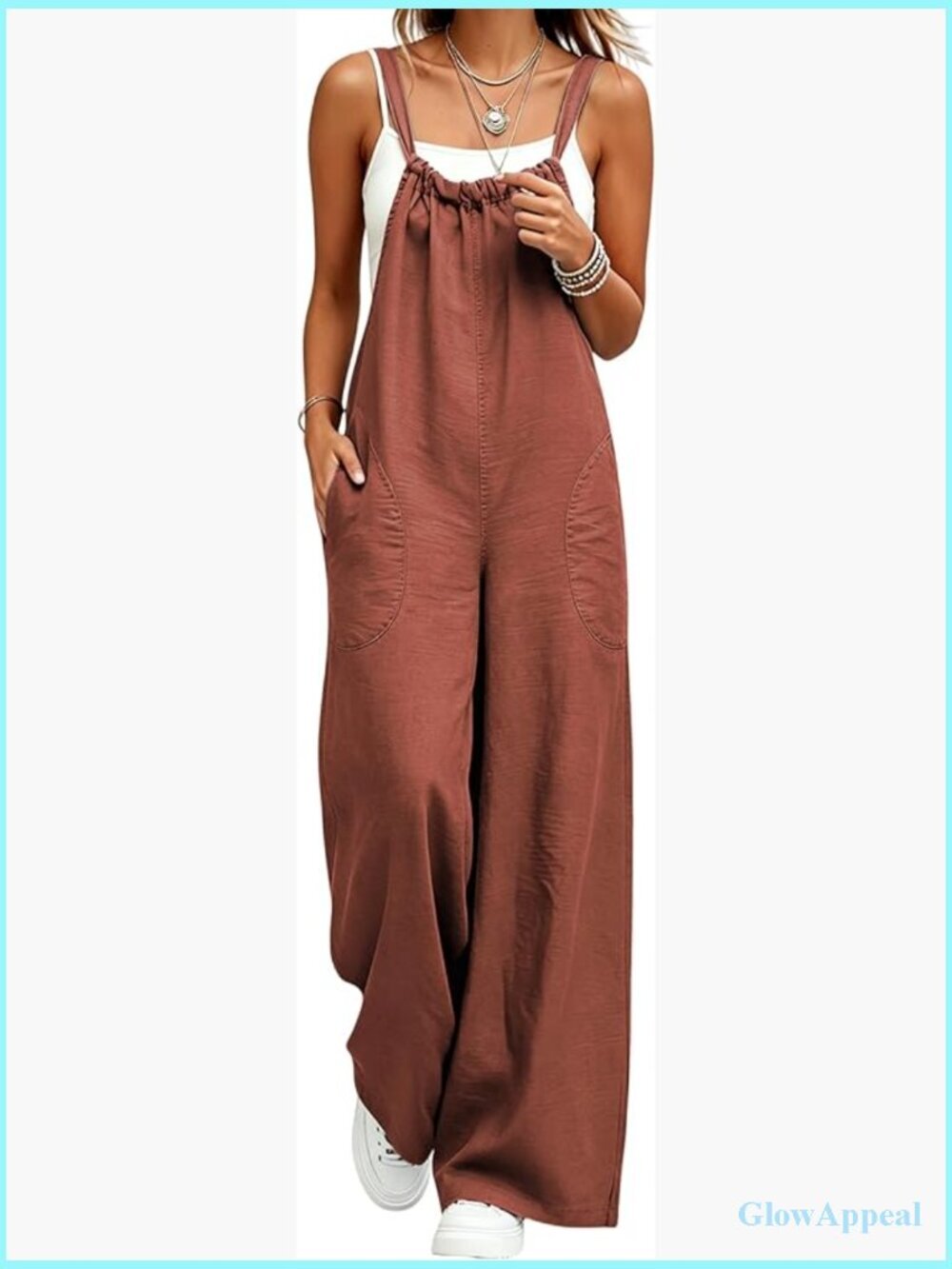 Linen Blend Wide Leg Jumpsuit with Pockets Sleeveless Boho